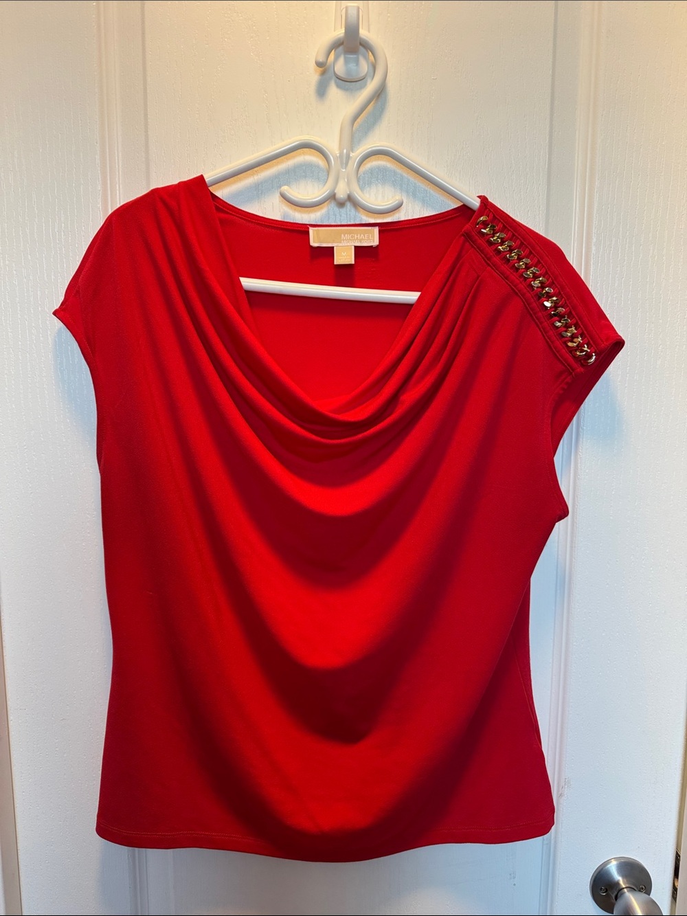 Michael Kors Red Draped Cowl Neck Cap-Sleeve Top with Gold Stud Accents